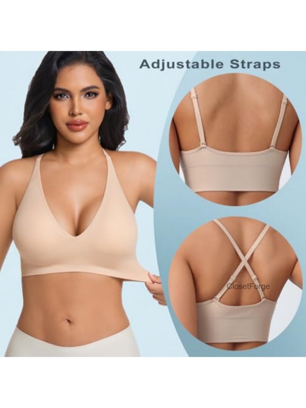 Deep V Neck Push Up Bralette Seamless Sports Bra Wireless Spaghetti Strap Padded - Picture 3 of 6